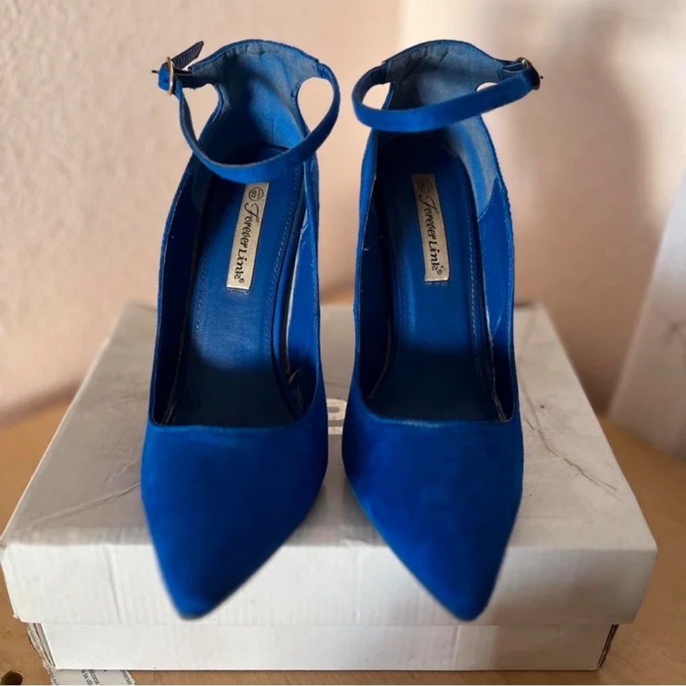 Forever Link Royal Blue Pointed Ankle-Strap Pumps